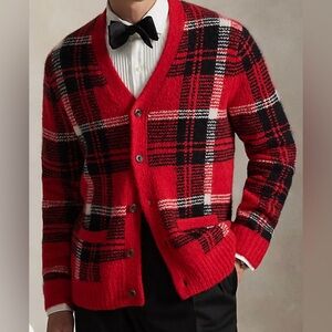 Ralph Lauren Suede-Patch Plaid Wool-Blend Cardigan | color: red combo | size: XL